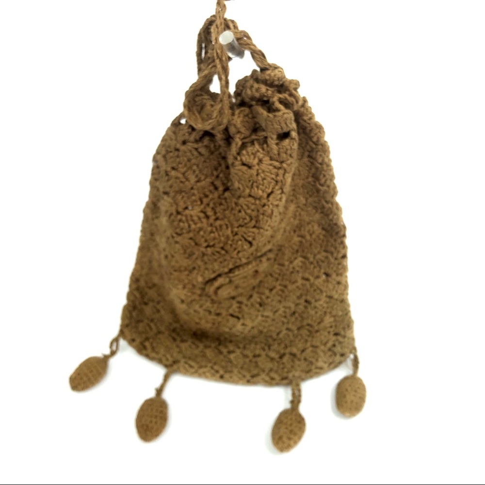 Victorian Brown Crochet Drawstring Reticule Bag - Picture 3 of 12